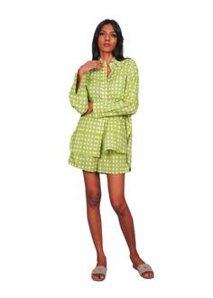 BF Shorts Coord Set - Cucumber Rattan Shorts Coord Set, Beach Caftan, Pants And Top, Bipasha Basu, Triangle Print, Coord Set, Kareena Kapoor Khan, Boyfriend Shirt, Elastic Waist Shorts