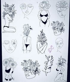 a bunch of drawings that are on top of a white sheet with black lines and flowers