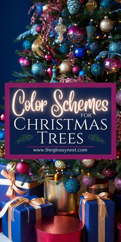 christmas tree with blue, pink, purple, gold ornaments Peacock Color Christmas Decorations, Emerald Green And Blue Christmas Tree, Christmas Color Schemes 2023, Color Scheme For Christmas Tree, Beach Christmas Color Palette, Bronze And Copper Christmas Decor, Red Blue Green Gold Christmas Tree, Red Blue Green Gold Christmas Tree Ideas, Color Schemes For Christmas Trees