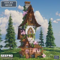 Fantasy minecraft tower house Minecraft Cottage Furniture, Starting House Minecraft, Minecraft Bride Ideas, Mc Fairy House, Town Center Minecraft Ideas, Minecraft Portal House, Fantasy Buildings Minecraft, Lord Of The Rings Minecraft Builds, Flower Minecraft House