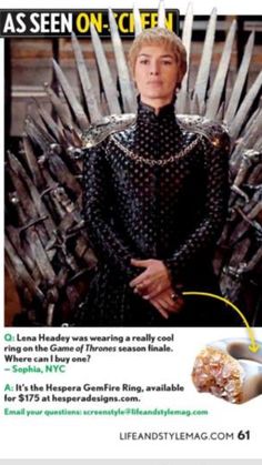 a woman sitting on the iron throne holding a doughnut in her hand and looking at the camera