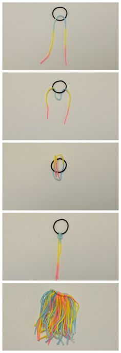 four different pictures with the same string attached to each other, all in different colors