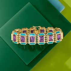 Ross-Simons - 30.00ct t. w. Amethyst, .80ct t. w. White Topaz Art Deco-Inspired Bracelet Over Sterling. 7". An RS exclusive. Bring on the bold! This incredibly eye-catching bracelet puts a colorful spin on a stately Art Deco-inspired design, featuring 30.00 ct. t. w. emerald-cut amethysts accentuated by bars of teal blue enamel and shimmery .80 ct. t. w. white topaz rounds. Crafted in 18kt yellow gold over sterling silver. Double-latch safety. Box clasp, white topaz and amethyst Art Deco-inspire Amethyst Art, Safety Box, Art Deco Bracelet, Boot Jewelry, Fine Jewelery, Winter Sneakers, Box Clasp, Toddler Boy Shoes, Baby Sneakers