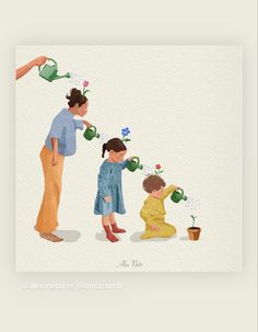 an image of a woman watering the plants with two children on her lap and another child holding a teapot