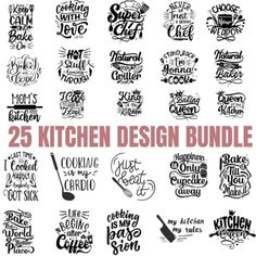 the 25 kitchen design bundle includes hand drawn lettering, and an assortment of cooking utensils