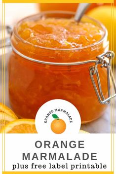 an orange marmalade is in a glass jar