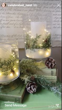 two glass vases filled with pine cones and greenery sitting on top of books