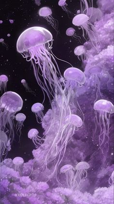 purple jellyfish floating in the water with bubbles on it's sides and dark background