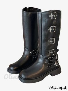 Olivia Mark - Buckle Detail Chunky Heel Knee-High Riding Boots for Women - Brown Brown Riding Boots Women, Womens Brown Riding Boots, Thigh High Boots Summer, Vintage Shoes Men, Street Wear Style, Spike Shoes, Brown Knee High Boots, Black Chunky Heels, Groom Shoes