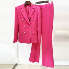 Hannah Hot Pink Blazer and Pant Two Piece Set for Women - Slim Fit Our elegant women's suit set, featuring a double-breasted design in a stunning hot pink shade. Crafted with attention to detail, the silver-tone metal buttons add a touch of sophistication and a glamorous accent to the overall look. The classic pointed collar exudes elegance and style, while the two functional pockets provide practicality without compromising on style. Made from high-quality materials, this suit set offers comfor Prom Night Dress, Hot Pink Blazer, Hot Pink Blazers, Office Suit, Dress Night Out, Nude Dress, Pink Shade, Pink Blazer, Night Out Dress