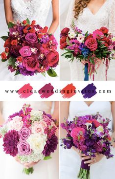 wedding bouquets with purple and red flowers are shown in four different pictures, including the bride's bouquet