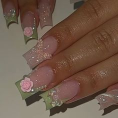 Medium Square, Green & Silvery Stripes With Pink Floral & 3d Butterfly Pearls Design, Glossy Finish - Includes Jelly Adhesive & Nail File Short Cute Green Nails, Pink And Green Square Nails, Nail Inspo Sanrio, Simple Green Nail Designs, Colorful Square Nails, Cute Elegant Nails, Nails Acrylic With Charms, Princess Nails Aesthetic, Tiana Nails