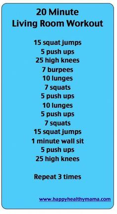 the 20 minute living room workout is shown in blue and has instructions for how to do it