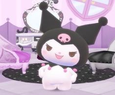 an animal crossing character sitting on the floor in a room with pink walls and furniture