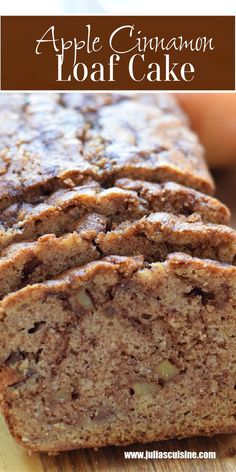 sliced loaf of apple cinnamon loaf cake on top of a wooden cutting board with text overlay