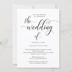 an elegant wedding card with the word,'the wedding of'in cursive script