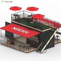 an image of a restaurant with red umbrellas on the roof and stairs leading up to it