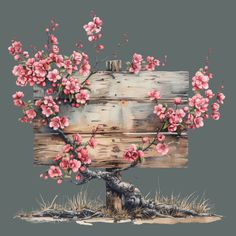 a painting of a wooden sign with pink flowers on the branch and grass around it