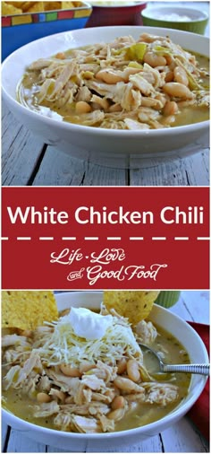 white chicken chili in a bowl with tortilla chips