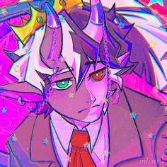 an anime character wearing a suit and tie with horns on his head, looking at the camera