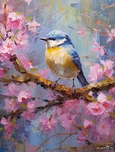 a painting of a bird on a branch with pink flowers