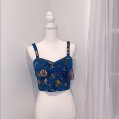 This Shirt Is Super Cute And Can Be Perfect For A Summer Event Or Going Out At Night With Your Friends! Fitted Turquoise Tops For Spring, Blue Summer Crop Top Tank, Bohemian Blue Crop Top, Blue Cropped Top For Vacation, Blue Cropped Tops For Vacation, Blue Floral Print Summer Crop Top, Blue Bohemian Cropped Top, Fitted Turquoise Casual Top, Fitted Turquoise Tops For Summer