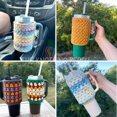 crocheted coffee mug cozyies in different styles and colors are featured on the dashboard of a car