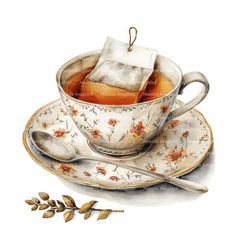 a painting of a tea cup with two pieces of cake in it and a spoon