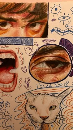 a drawing of an eye, nose, and mouth with other drawings on the wall behind it