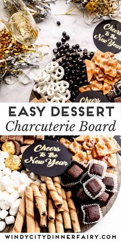 an easy dessert board with chocolate, marshmallows, pretzels and crackers