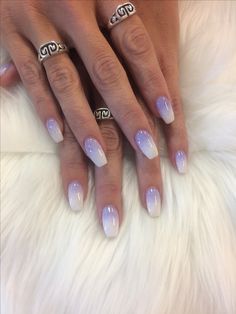 Purple With White Tips Nails, White With Purple Nails, White And Purple Sparkle Nails, Lilac And White Ombre Nails, Lavender Ombre Nails Short, Lavender And White Gel Nails, Ombre Nails Lilac To White, Purple White Nails Ombre, Purple And White Ombre