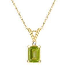 "Adorned with an emerald-cut peridot center stone, and a dazzling diamond accent, this eye-catching pendant completes your elegant look. Adorned with an emerald-cut peridot center stone, and a dazzling diamond accent, this eye-catching pendant completes your elegant look. Pendant size: 1/2""L x 1/5""W Chain length: 18 in. Chain type: rope Metal: 14k gold Plating: rhodium Finish: polished Packaging: boxedSTONE DETAILS Stone type: peridot Total weight: 1 1/10 ct. Stone size: 7 mm x 5 mm Shape: eme Formal Green Gemstone Diamond Necklace, Green Diamond Necklace For Formal Events, Formal Green Diamond Necklace For May Birthstone, Classic Green Diamond Pendant Necklace, Green Pendant Diamond Necklace In Classic Style, Classic Green Pendant Diamond Necklace, Fine Jewelry Green Diamond Gemstone Necklace, Green Gemstone Diamond Necklace In Fine Jewelry Style, Yellow Gold Peridot Jewelry With Emerald Cut