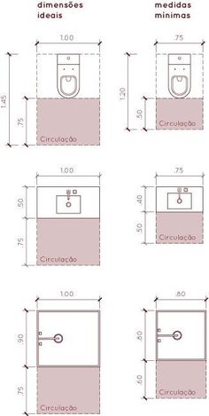 the measurements for a toilet and sink are shown in different sizes, shapes, and colors