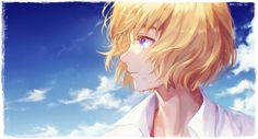 an anime character with blonde hair and blue eyes looking at the sky in front of clouds