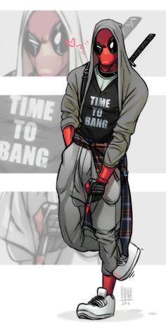 a drawing of a deadpool wearing a hoodie and holding a baseball bat