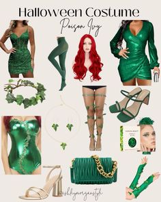 the costume is green and there are many different things in it, including shoes, tights