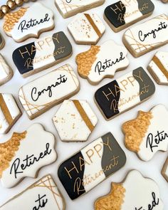 decorated cookies with happy retirement written on them are arranged in the shape of letters and numbers