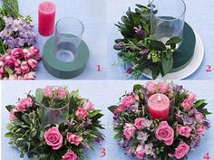 four different pictures of flowers and candles on a table