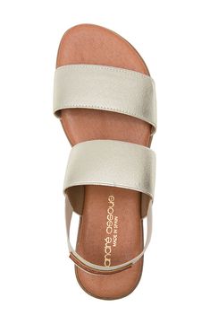 Wide, elasticized straps comfortably secure your foot in this breezy sandal. 1" heel Textile upper/leather lining/rubber sole Made in Spain Summer Double Strap Slingback Sandals With Branded Insole, Gold Double Strap Sandals For Spring, Gold Leather Sandals With Woven Sole, Gold Sandals With Woven Sole And Ankle Strap, Gold Double Strap Sandals For Summer, Gold Ankle Strap Sandals With Woven Sole, Gold Leather Double Strap Sandals, Gold Double Strap Leather Sandals, Gift Kit