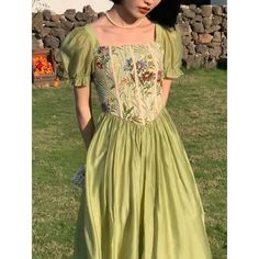 Women French Style Ink Green Maxi Dress Summer Outfits - Green,S(42.5-47.5kg) Vintage Green Dress, Evening Fashion, Vintage Long Dress, French Women Style, Green Maxi Dress, Dress Korean, Dress Woman, Green Maxi, Vintage Party