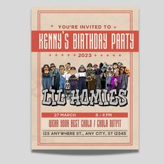 a birthday party flyer with people in the background