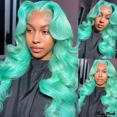 Olivia Mark - Luxurious Mint Green Human Hair Lace Front Wigs for Women New Color Hair, Natural Curly Wig, Tiffany Blue Color, Body Wave Lace Front Wig, Wave Lace Front Wig, Hair Tape