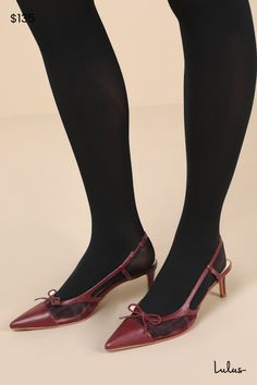 Create a timeless look with the sophisticated addition of the Dolce Vita Kandi Maroon Mesh Leather Bow Slingback Pumps! Smooth genuine leather and sheer mesh come together to shape these chic pumps that feature a pointed upper with a toe cap and a low-cut collar adorned with a cute bow detail. The slingback strap features a bit of elastic at the side, while a low stiletto heel completes the look! 2. 25" wrapped stiletto heel. Cushioned insole. Rubber sole has nonskid markings. Genuine leather up Mesh Bows, Leather Bow, Leather Bows, Slingback Pump, Cute Bows, Bow Detail, Stiletto Heel, Low Cut, Stiletto Heels