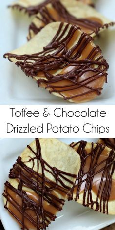 toffee and chocolate drizzled potato chips on a white plate