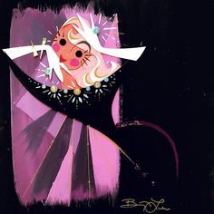 a painting of a woman in a black dress with pink and purple colors on her face