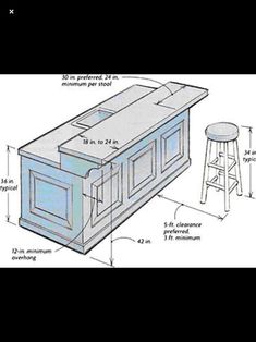 an image of a kitchen island with stools and measurements for it's height