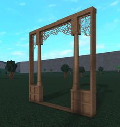 an animated view of a wooden structure in the middle of a grassy area with trees