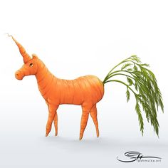 an animal made out of carrots is standing next to some green plants on a white background