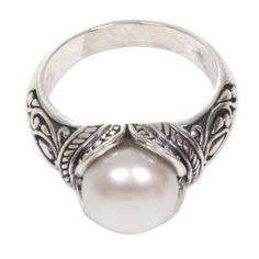 Like a luminous white blossom a cultured pearl crowns this lovely sterling silver ring. Wirabhuwana crafts it by hand demonstrating his artisan skills and a knowledge of Balinese design traditions. Luxury Silver Ceremonial Rings, Big Pearl Ring, Pearl Cocktail Ring, Cultured Pearl Ring, White Blossom, Pearl Jewels, Elegant Ring, Jewelry Online Shopping, Balinese