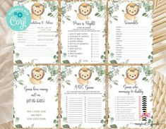 baby shower game with jungle animals and leaves on the sides, set of four cards